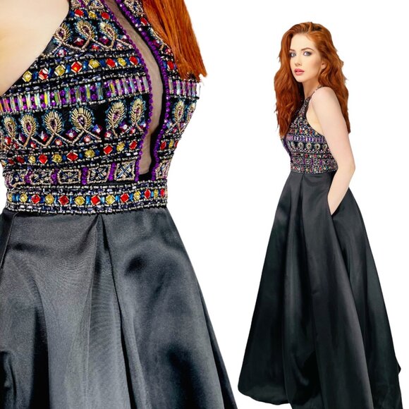 NWT MORILEE Mori Lee Black Satin Jeweled Corset Back Formal Gown Prom Dress 2